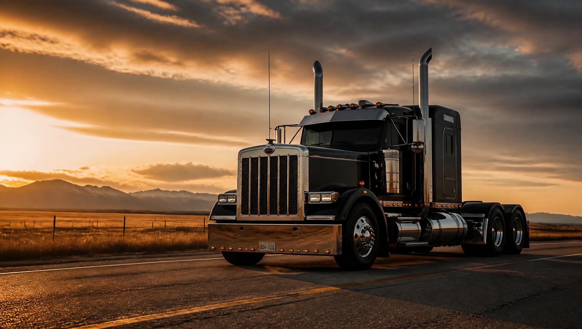 Black semi truck tractor on a Western Canadian highway at sunset